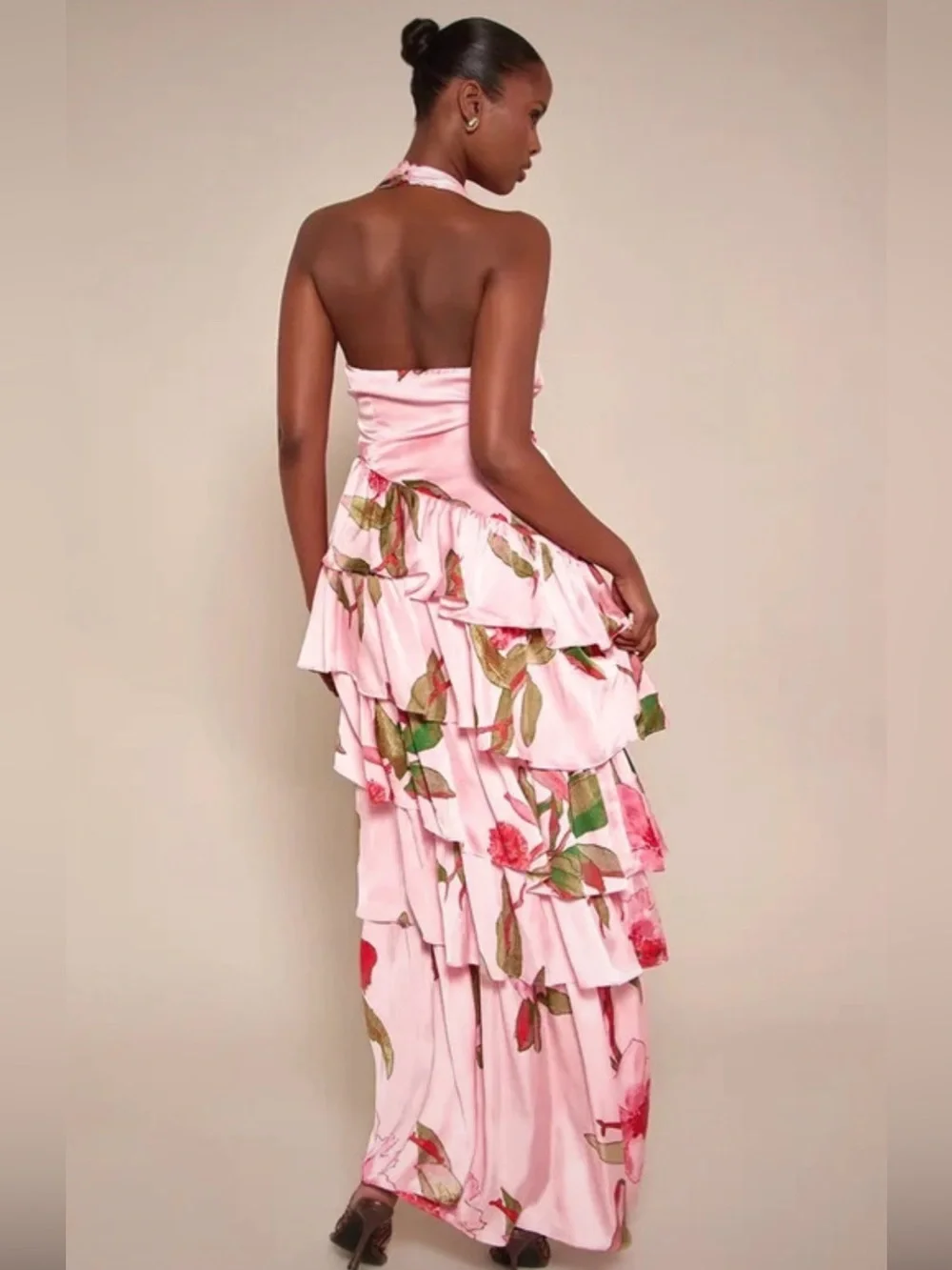 PRETTYLITTLETHING  Pink Floral Halter Tiered Maxi Dress 12 NWT